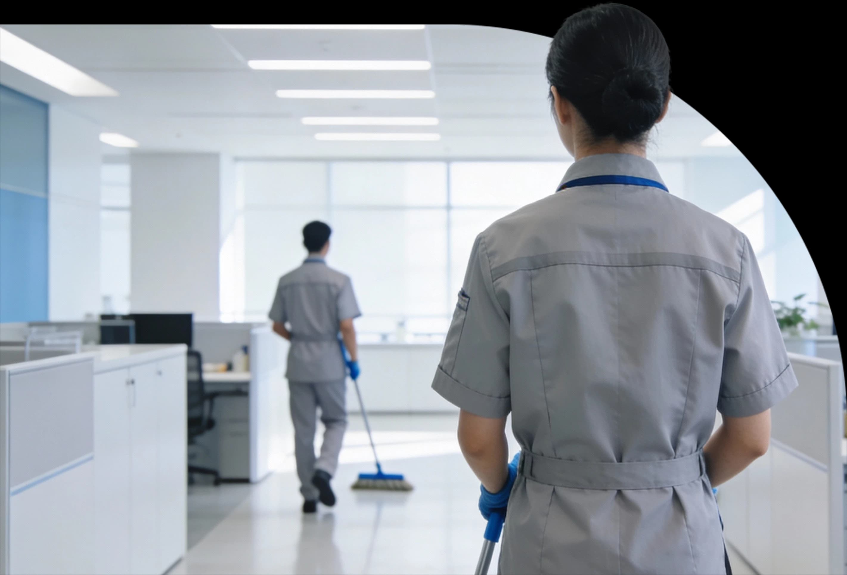 Cleaning crew maintaining an office space