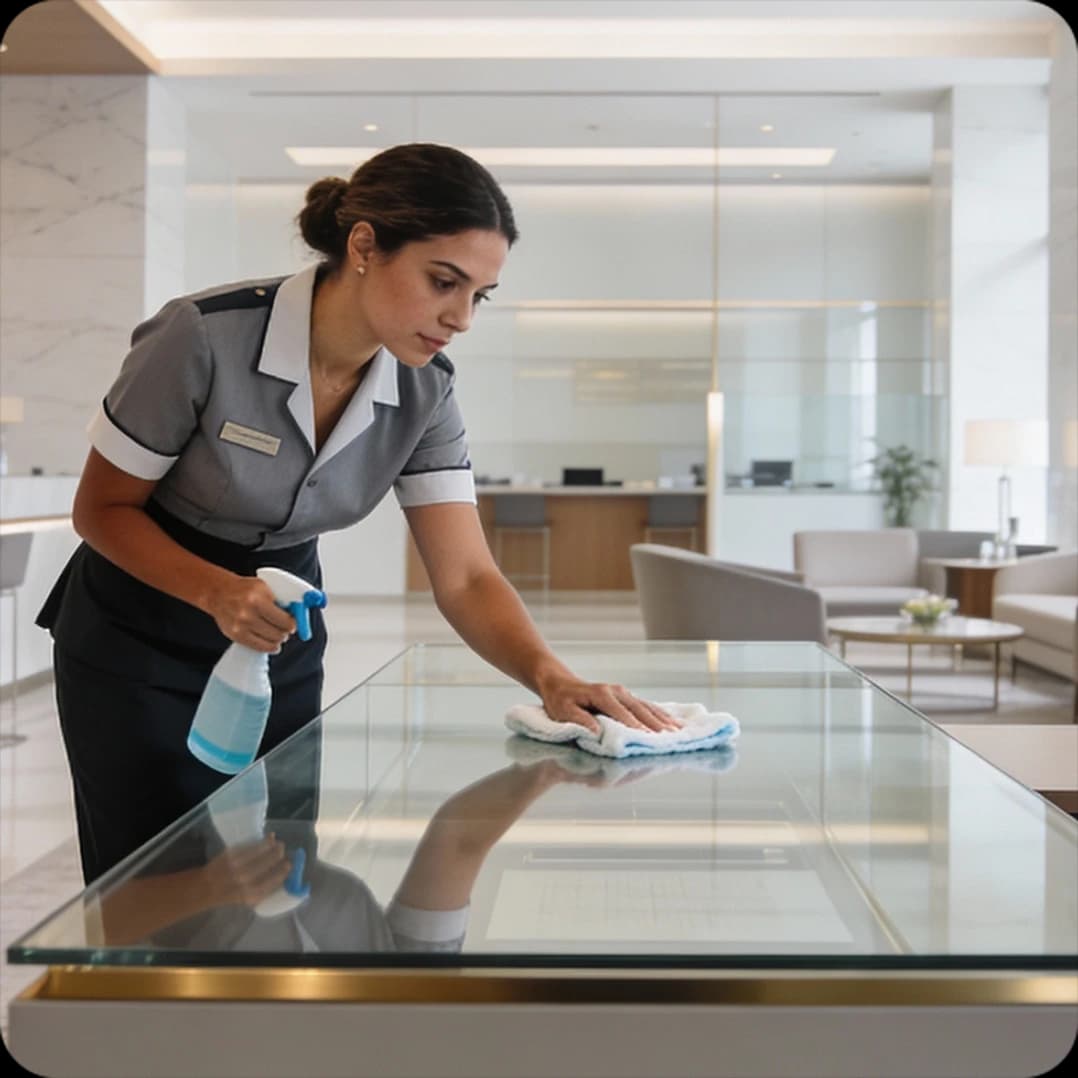 Cleaning professional wiping down a reception counter in a corporate lobby