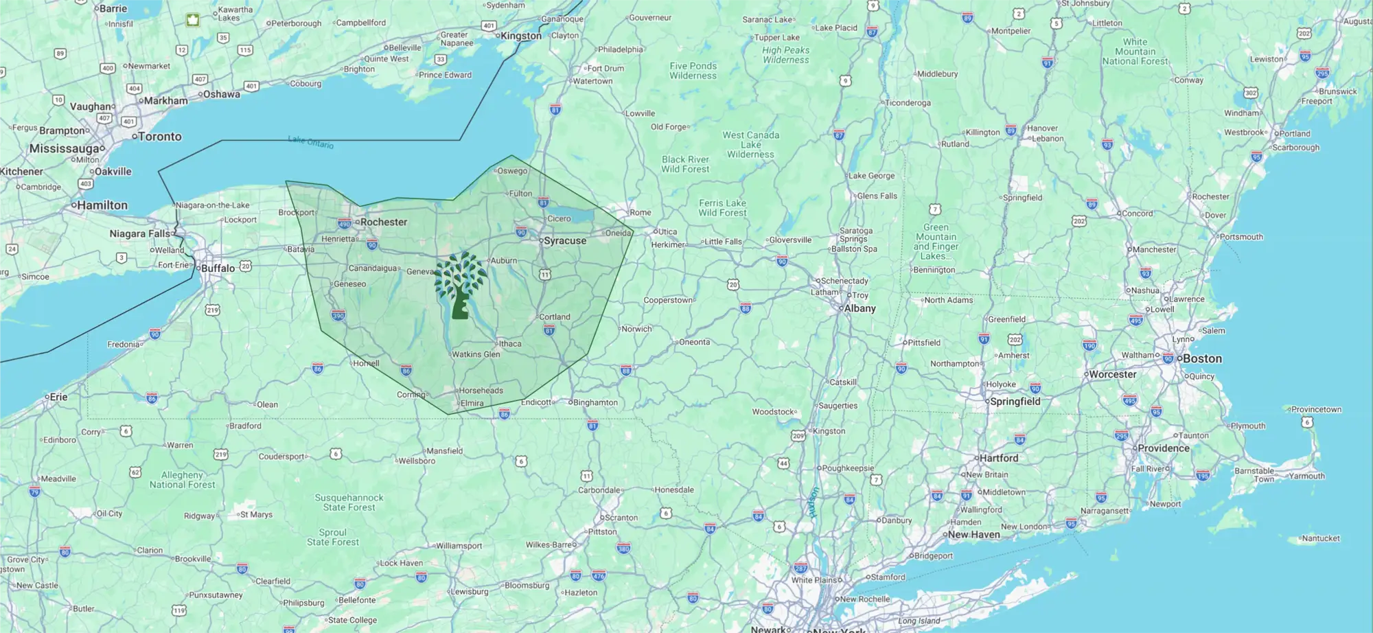 Service area map covering the Finger Lakes region including Rochester and Syracuse